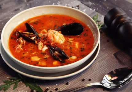 Томатный суп из креветок и морской рыбы
